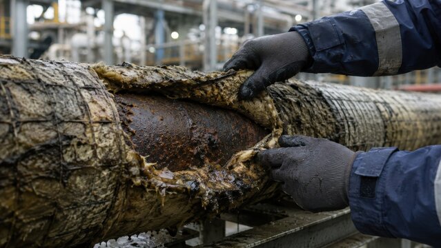 Industrial inspector revealing rust under wet pipe insulation