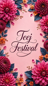 Happy hariyali teej vibrant pink floral frame with elegant botanical border creates decorative kajari teej festival greeting background with luxurious blossoms design