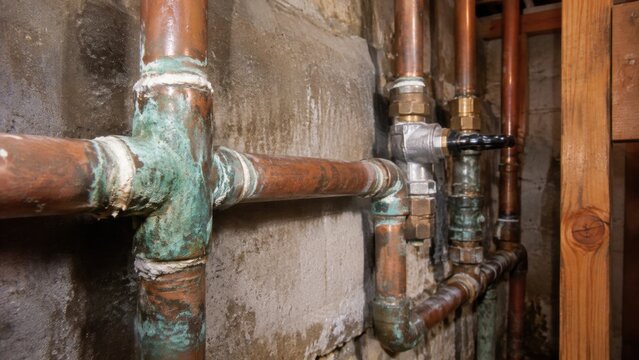 Corroded copper pipes with verdigris and mineral leaks in basement