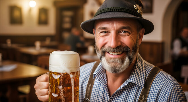 Man in Traditional Lederhosen and Bavarian Hat at Oktoberfest