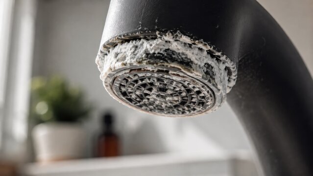 Calcium buildup on matte black faucet aerator