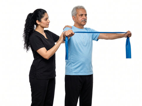 young indian physiotherapist assisting senior man with standing shoulder horizontal pull rehabilitation exercise using resistance band isolated on white background for orthopedic healthcare