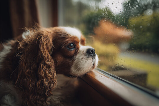 Cavalier King Charles spaniel watching the rain through a window