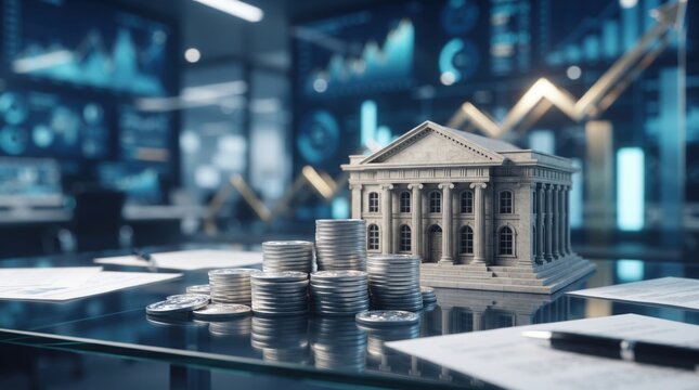 Modern financial institution model with stacked coins on glass d