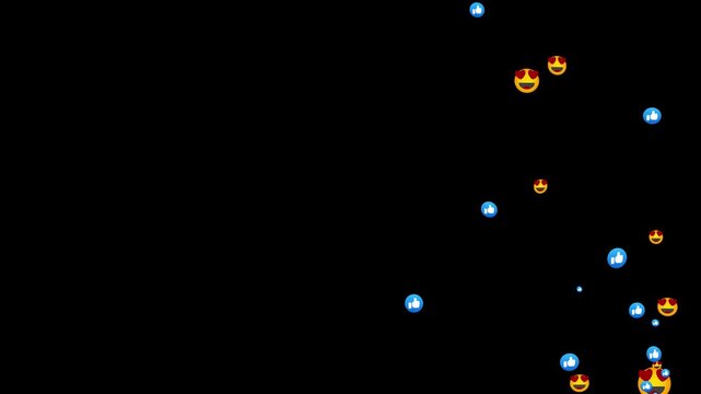 A stream of floating thumbs up and heart eyes reaction emojis rising up. Animated social media like and love reaction overlays for live stream videos. Floating style emojis on a black background.