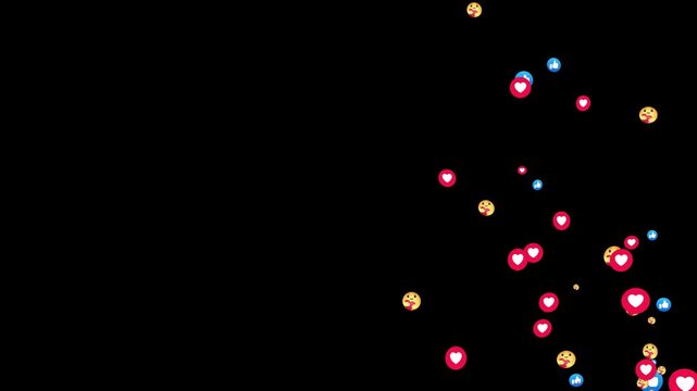 Floating social media heart eyes smiley face, like, care emojis rising upwards. Animated social media reaction overlay for live stream video. Social media reaction animation on black background.