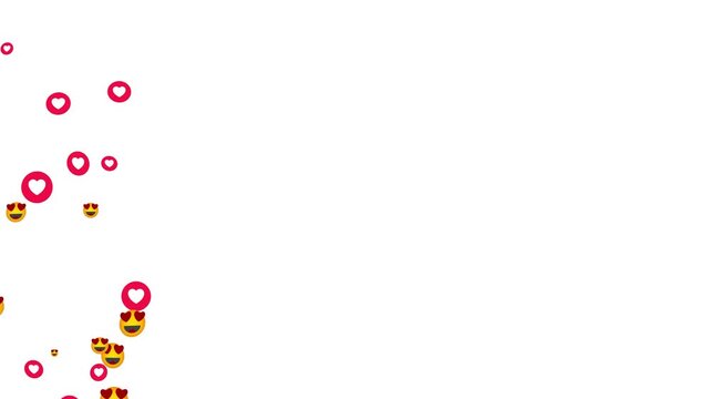 Stream of floating heart icons and heart eyes reaction emojis rising up. Animated social media love reaction overlay for live stream videos. Floating social style heart emojis on a white background.