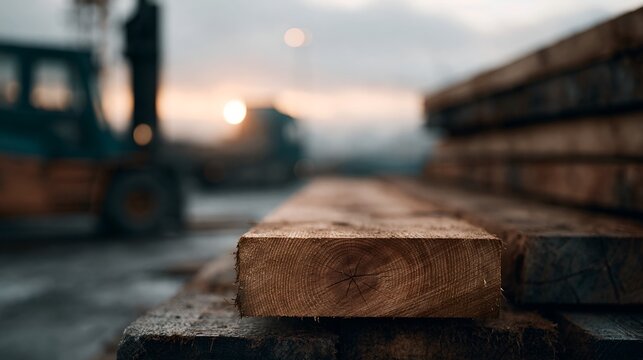 Close-up of weathered lumber with construction equipment in distant background
