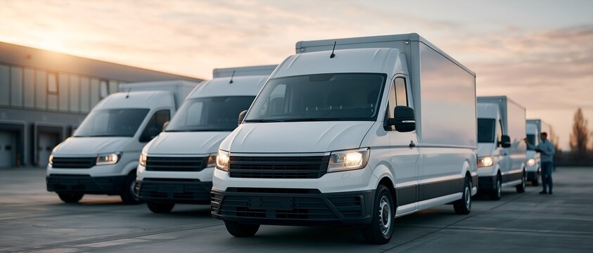 Row of delivery vans outside industrial facility