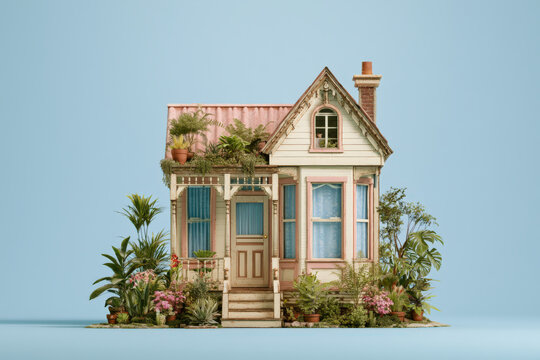 Tiny house with pink roof and greenery