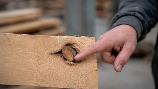 Worker pointing at a large loose knot in a raw timber board during lumber inspection. Wood defect detection, grading, rejected material and construction quality control concept.