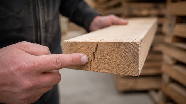 Worker pointing at a natural end crack in a sawn timber board. Close-up inspection of split lumber, drying damage, rejected construction material and wood quality control concept.