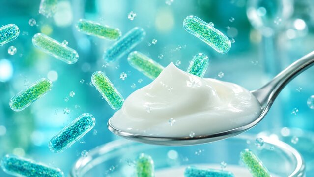Yogurt on a spoon with floating probiotic bacteria cells. Healthy dairy product with active cultures for digestive health. Nutrition concept for gut balance and immune system support.