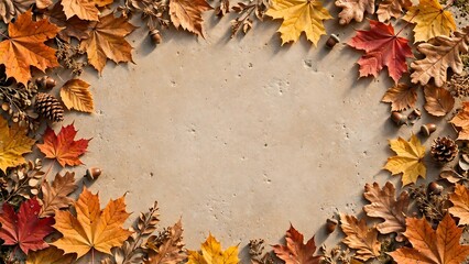Autumn leaves and acorns border on a textured background