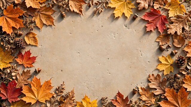 Autumn leaves and acorns border on a textured background