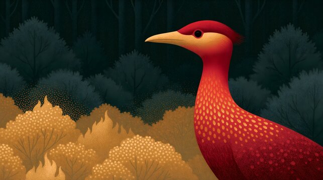 Red bird silhouette against dark trees at golden dusk