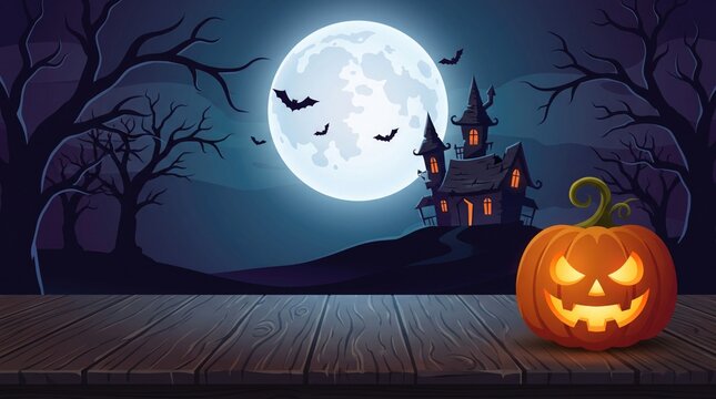 Spooky halloween background featuring a glowing carved pumpkin on a wooden table with a haunted house and full moon