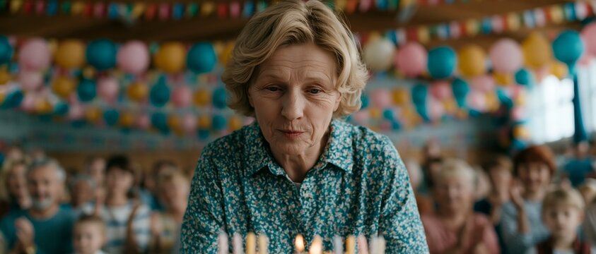 Senior woman blows birthday candles