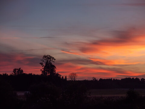 Sunset colors glow behind greenhouse roof. Sky shows orange, pink, and blue hues. Greenhouse structure stands in open field. Trees line distant horizon. Calm evening atmosphere captured
