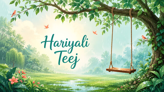Happy hariyali teej empty wooden swing hangs from leafy tree in rainy meadow with birds celebrating peaceful kajari teej monsoon season celebration