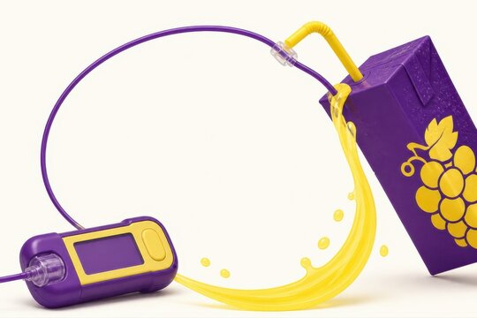 Playful grape juice box 3D render with purple and yellow splash