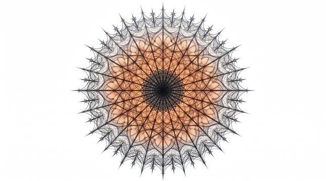 A beautiful intricate mandala pattern featuring symmetrical geometric shapes with orange and dark blue tones on a white background