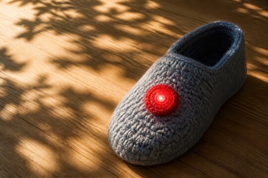 Cozy Knit Slipper with Red Accent on Sunlit Wooden Floor