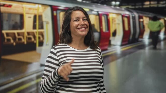 Woman hand making call gesture on train station platform, smiling and wearing striped sweater; cheerful travel moment.