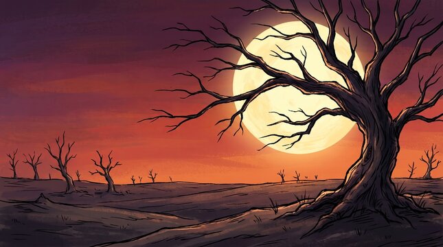 A spooky landscape featuring a large glowing full moon behind a dark bare tree during a dark red sunset