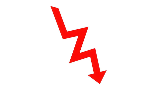 Red zigzag arrow pointing down isolated on transparent background