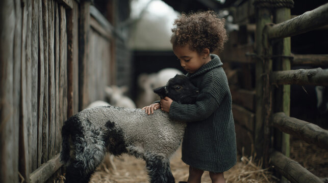 Child petting lamb near stable in rustic barn
