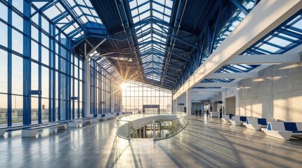 Obraz premium Modern Airport Terminal Interior With Natural Light And Steel Architecture