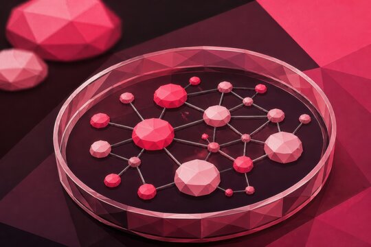 Biotech research concept with pink molecular network in petri dish