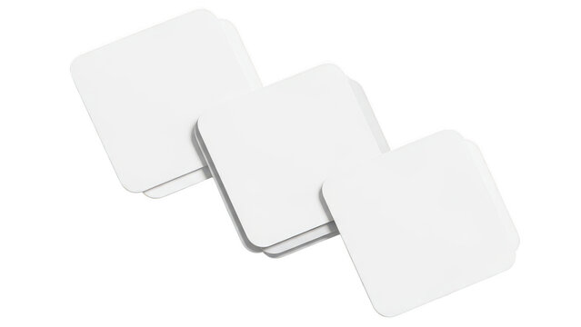 Three blank square coasters for drinks on a table isolated on transparent background