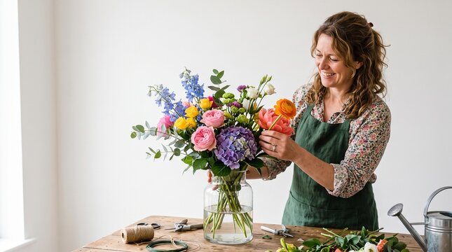 Smiling florist arranging a vibrant bouquet of colorful flowers in a glass vase on a wooden table