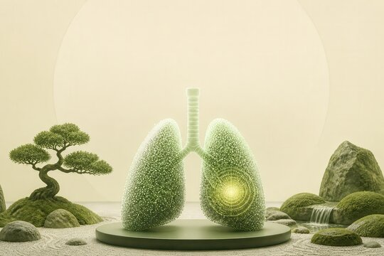 Eco lungs in zen landscape with glowing health and sustainable wellness concept