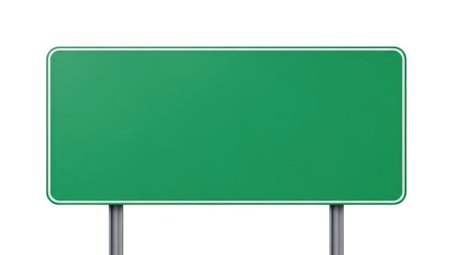 Blank green highway road sign on metal poles isolated on transparent background
