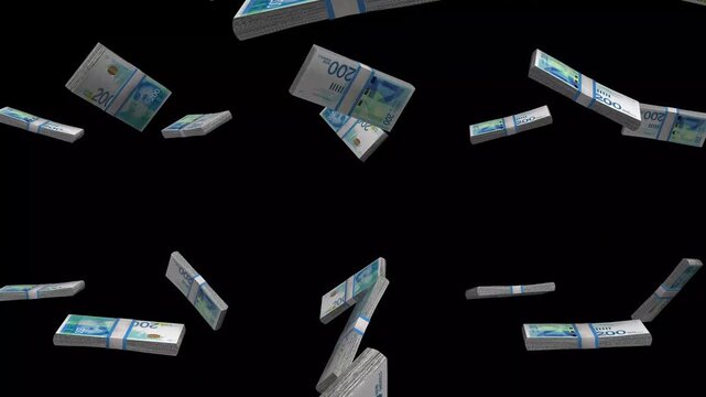 Israel Money, New Israeli Shekel Banknotes Falling On Black Background, ILS Currency Stacks Dark Cinematic, 4K