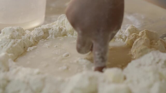 Indigenous child kneading flour on a metal table to make bread; malnutrition syndrome