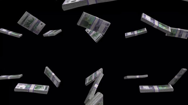 Serbia Money, Serbian Dinar Banknotes Falling On Black Background, RSD Currency Stacks Dark Cinematic, 4K