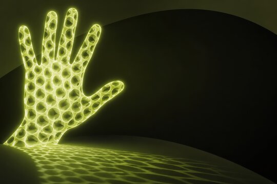 Biomimetic lattice hand with glowing cellular mesh in dark space