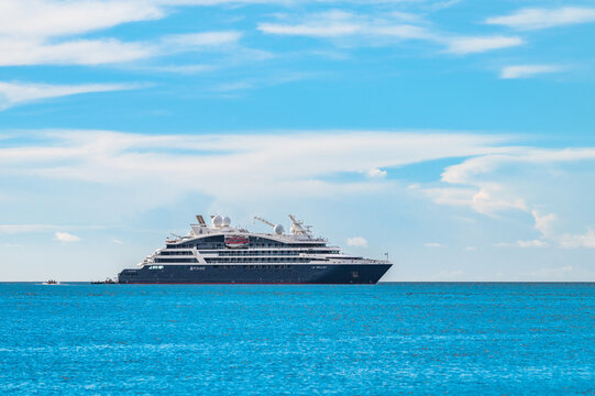 Nosy Hara, Madagascar - March 09, 2026: Ponant Cruises Ship Le Bellot Anchored in Bay of Nosy Hara. Side View of Small Luxury Yacht.