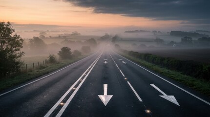 Fototapeta premium Misty Road Sunrise Journey Towards Horizon Soft Light