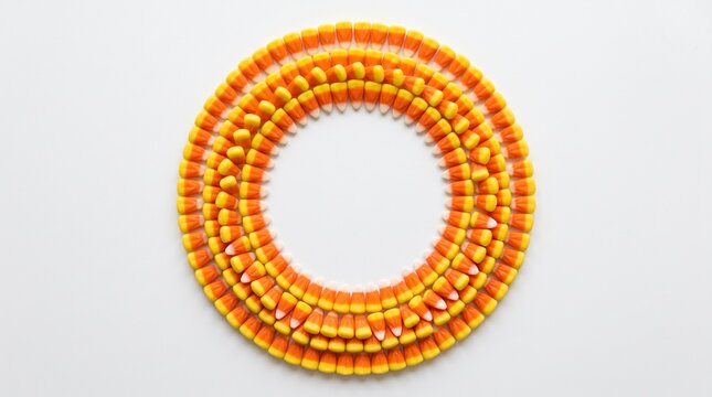 Circular arrangement of candy corn candies on a white background forming a decorative border