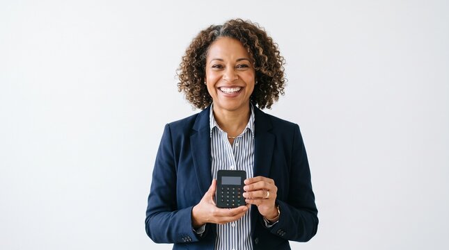 Smiling businesswoman holding a credit card reader device against a white background