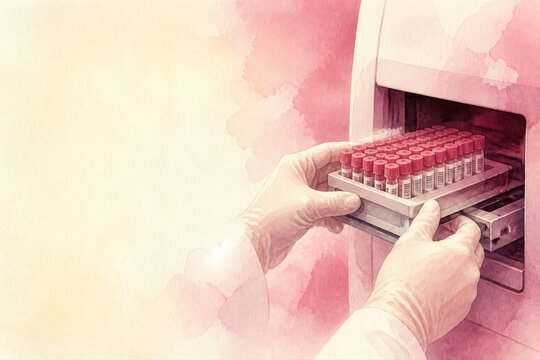 Biobank sample storage with gloved hands placing test tubes in freezer