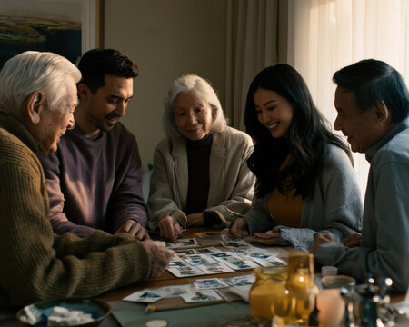 Five people gather around a table, sharing a moment