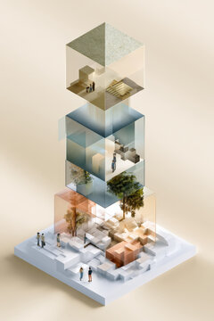 Transparent cubes reveal layered living spaces