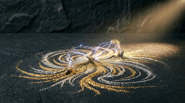 Intricate swirling metallic powder and golden glitter erupting with electric energy and lightning sparks.