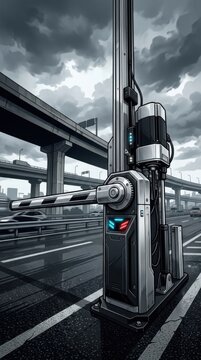 Modern Automated Toll Booth Barrier System In A Grayscale Urban Highway Setting